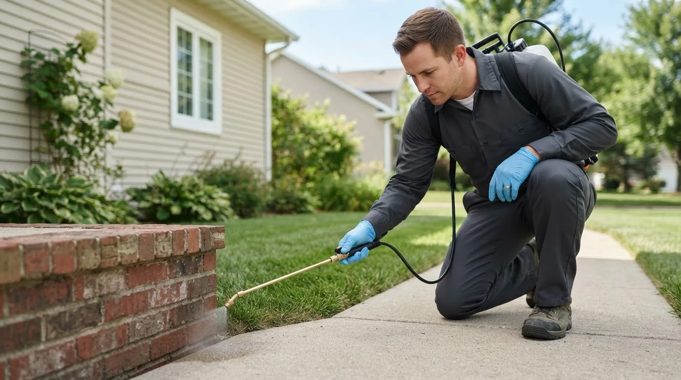 Pest control technician treating a home near Frederika, IA