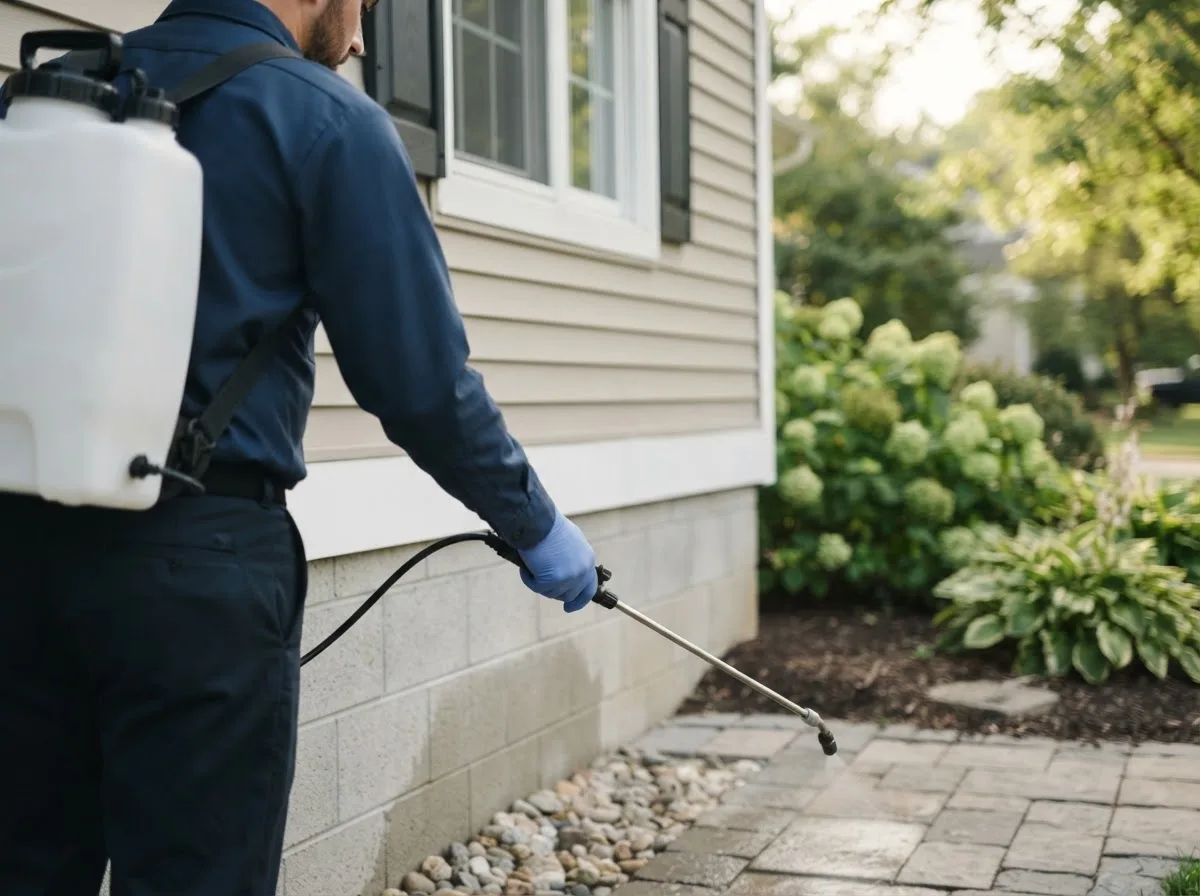 Pest control technician inspecting a home in Frederika, IA